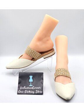 Birdies Women Cream Leather The Swan Cuff Pointed Toe Strap Mule Flats Sz 6 2404